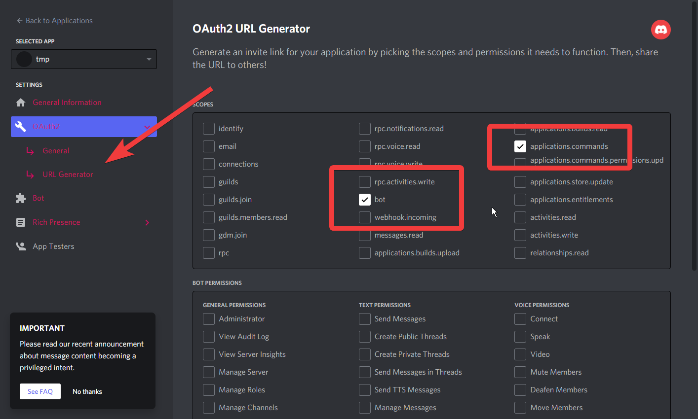 OAuth2 URL Generator"bot"と"applications.commands"を選択