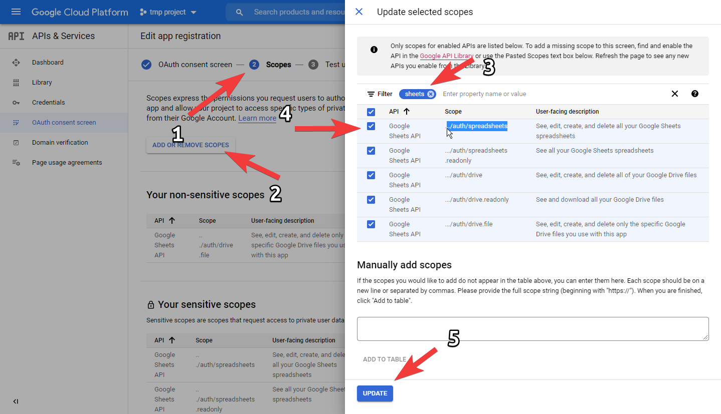 GCPでGoogle Sheets APIのscopes・スコープを追加、設定