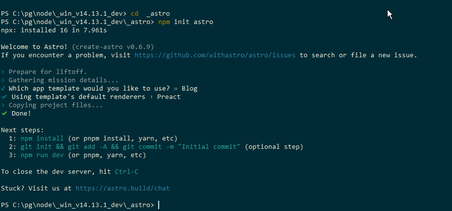 npm init astroによるastroのインストール / プロジェクトの選択: スターター(一般的)・ブログ・ドキュメント・ポートフォリオ・最小限、ミニマム